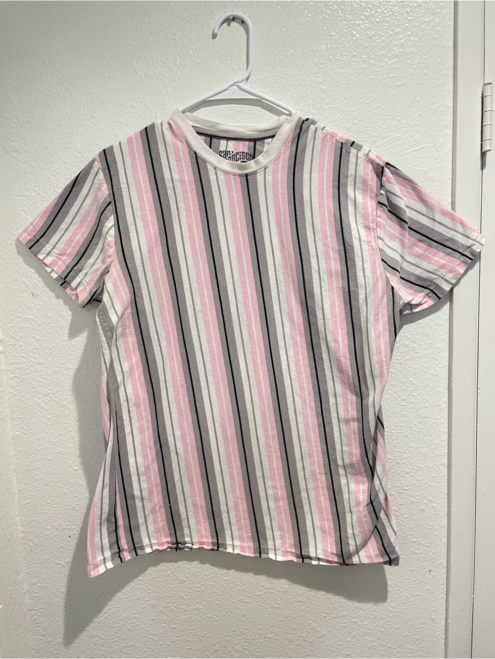San Francisco Work Shirts Vertical Stripe Tee Mens L Pink Grey Streetwear
